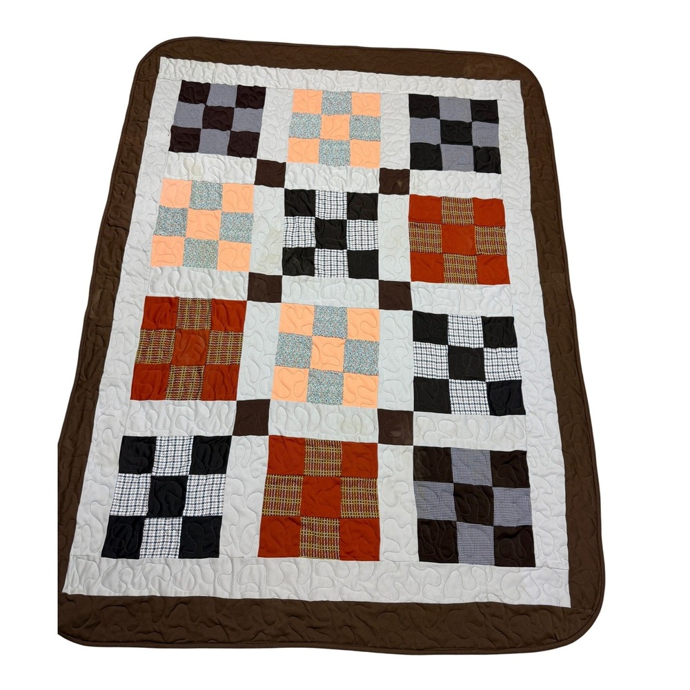 Handmade Patchwork Quilt Brown Orange Plaid Blanket 60"x73"